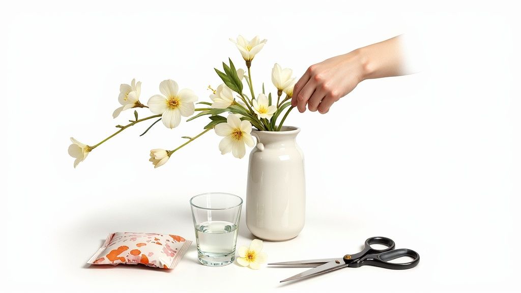 A person's hand places white flowers into a cream vase, with flower food, water, and scissors nearby.