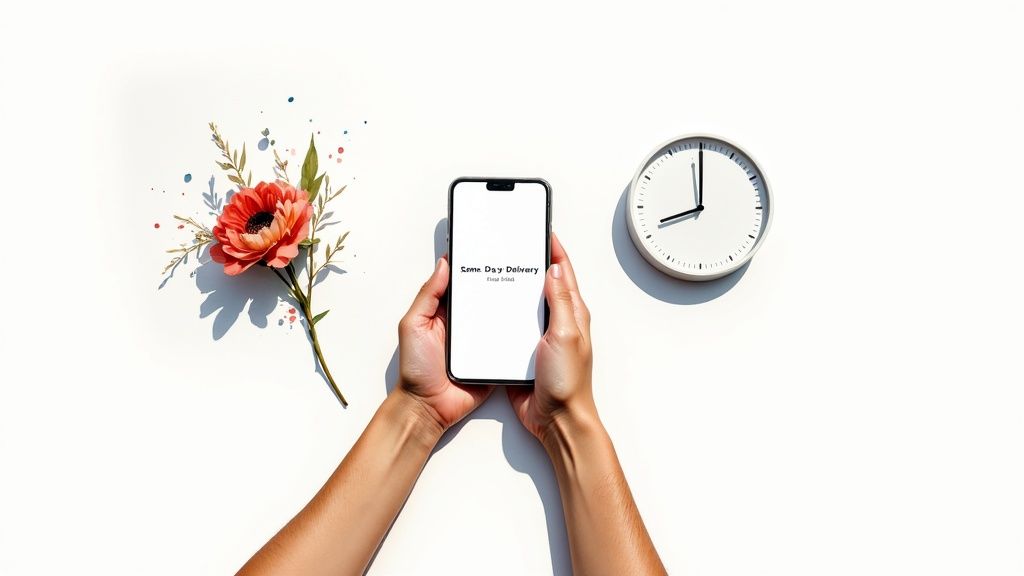 Vibrant floral arrangement with pink and orange flowers in a modern vase.