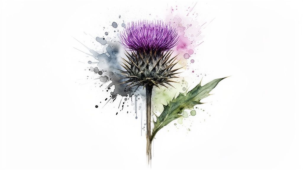 Watercolor purple thistle with green leaves and colorful paint splashes.