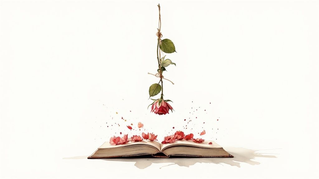 A watercolor image of a pink rose hanging upside down over an open book with scattered petals.