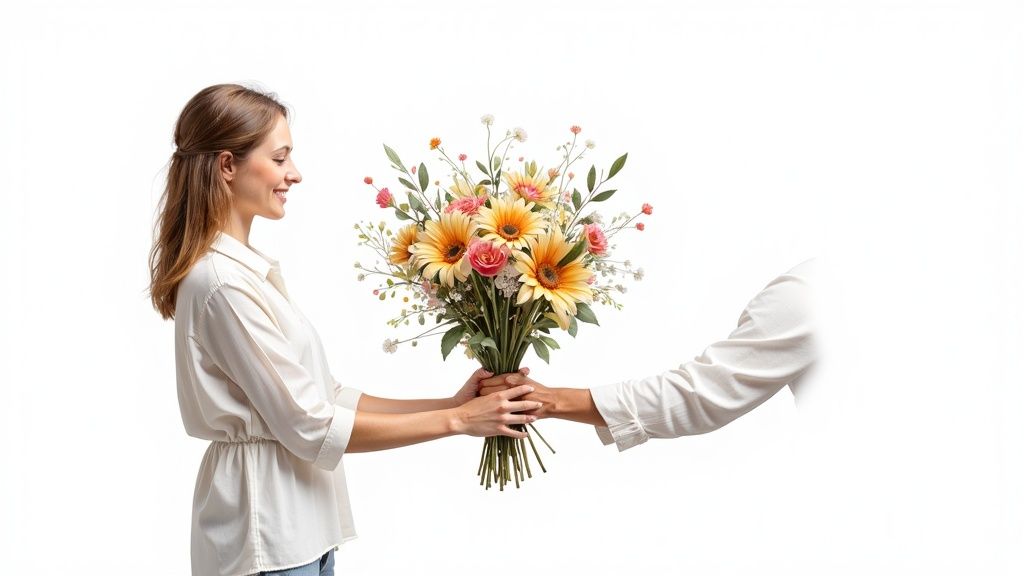 A smiling woman receives a vibrant bouquet of yellow sunflowers and pink roses from another person.