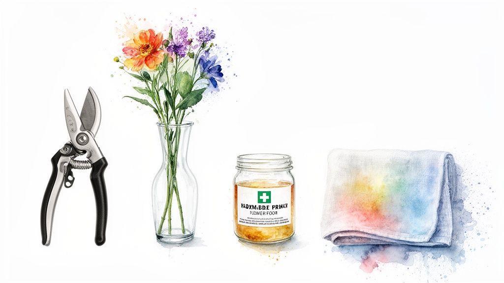 Gardening shears, a vase of colorful flowers, flower food, and a colorful cloth on a white background.