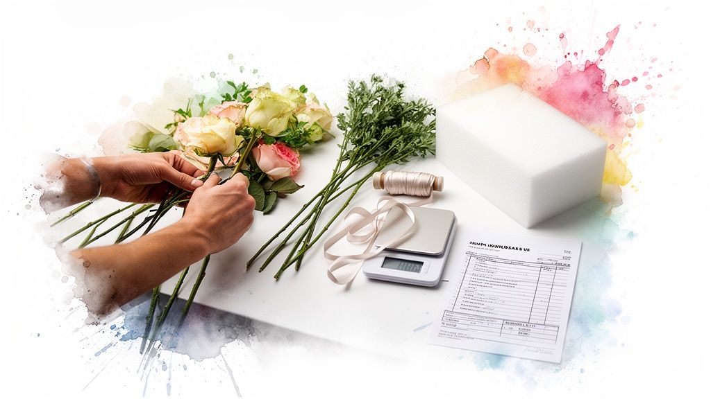 Hands arranging pink and yellow roses with floristry supplies, scale, and foam on a white surface.