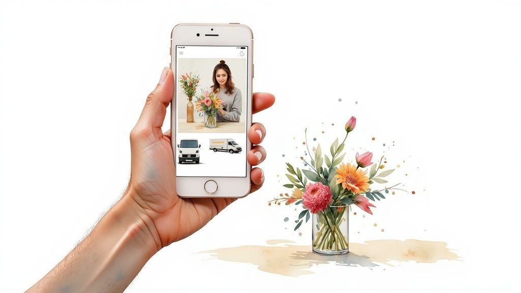 A close-up of a colorful, fresh flower bouquet being arranged by a florist.