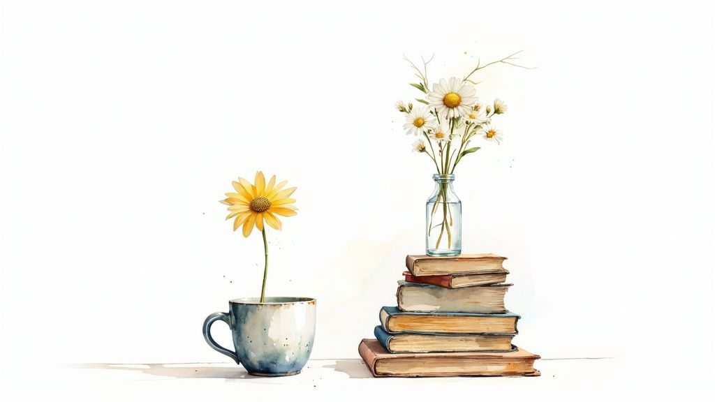 Watercolor illustration of daisy flowers in teacup and glass vase on stacked vintage books