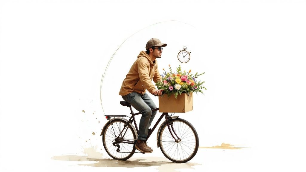 A floral designer carefully arranging a bouquet with fresh, vibrant flowers, highlighting the artistic process of flower delivery.