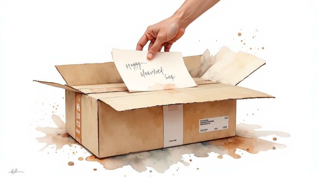 A person carefully placing a gift into a shipping box, ensuring it is secure and well-presented.