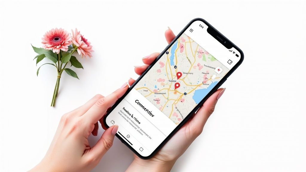 A close-up shot of a person's hands scrolling through a florist's website on a tablet.