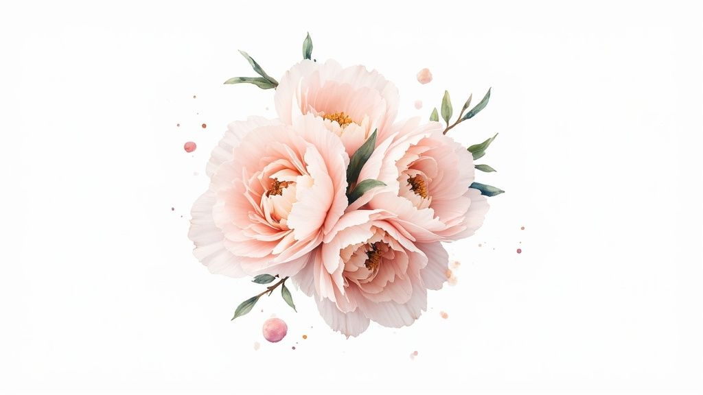 A beautiful watercolor illustration of light pink flowers and green leaves on a white background.
