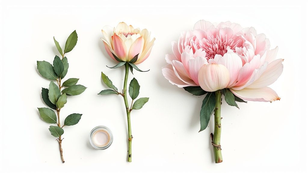 A person's hands trimming the stems of freshly picked flowers over a sink