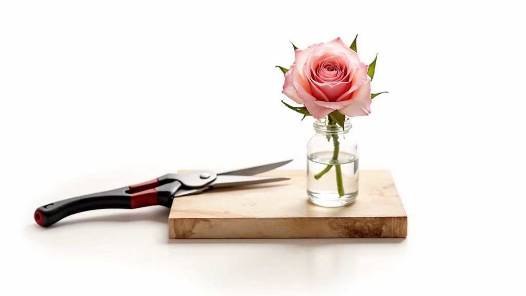 A pink rose in a glass vase and gardening shears on a wooden block against a white background.