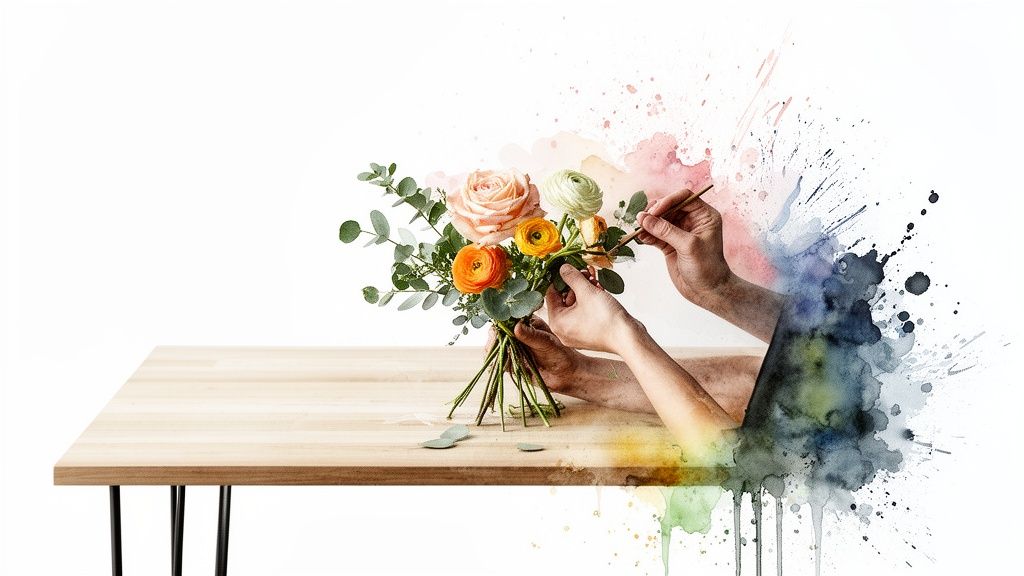 Hands creating a beautiful floral bouquet on a wooden table with artistic watercolor splashes.