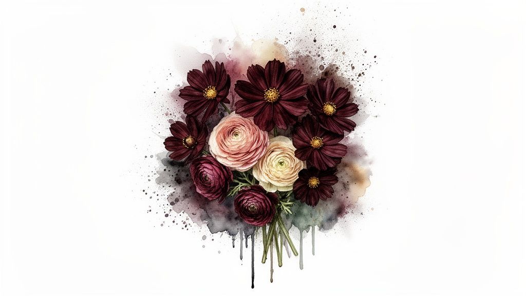 A vibrant watercolor bouquet featuring dark red cosmos and soft pink ranunculus with artistic splatters.