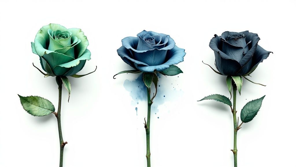 A striking image of green, blue, and black roses arranged together