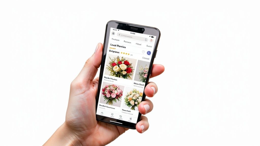 Close-up of a florist carefully arranging flowers in a bouquet.