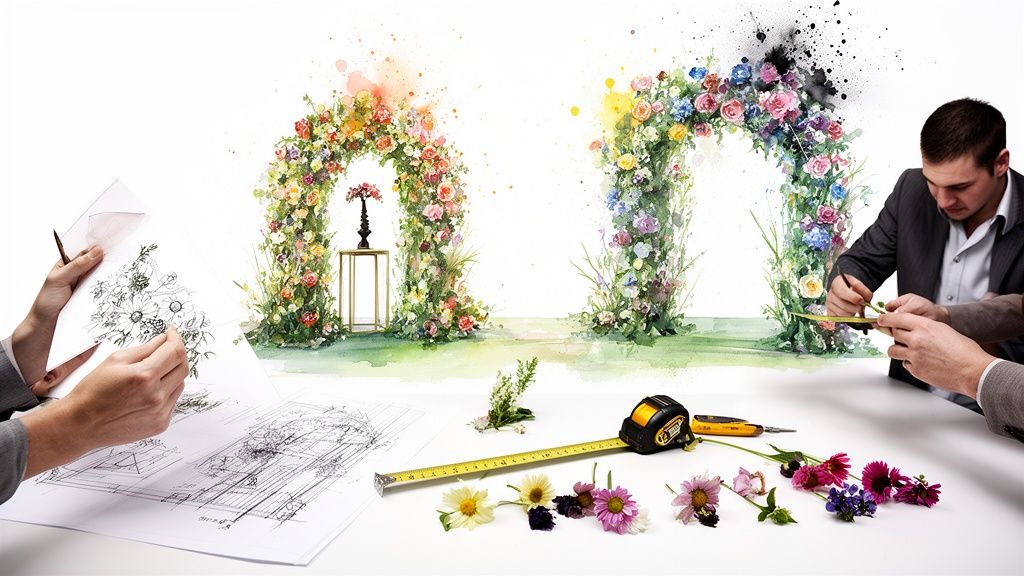 People working on floral arch designs, surrounded by sketches, fresh flowers, and tools.
