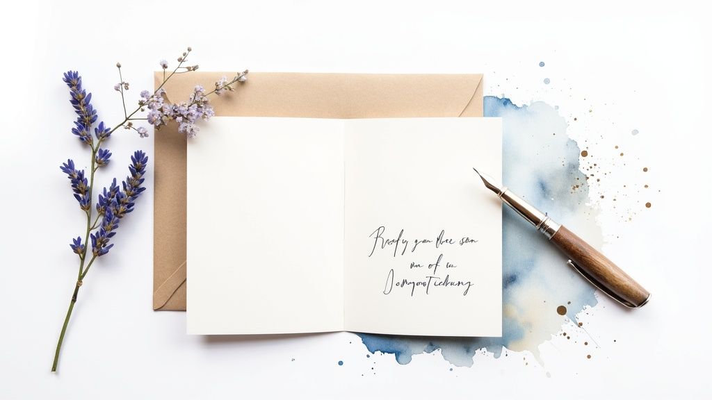 A beautiful flat lay with an open card, fountain pen, lavender, and watercolor accents.