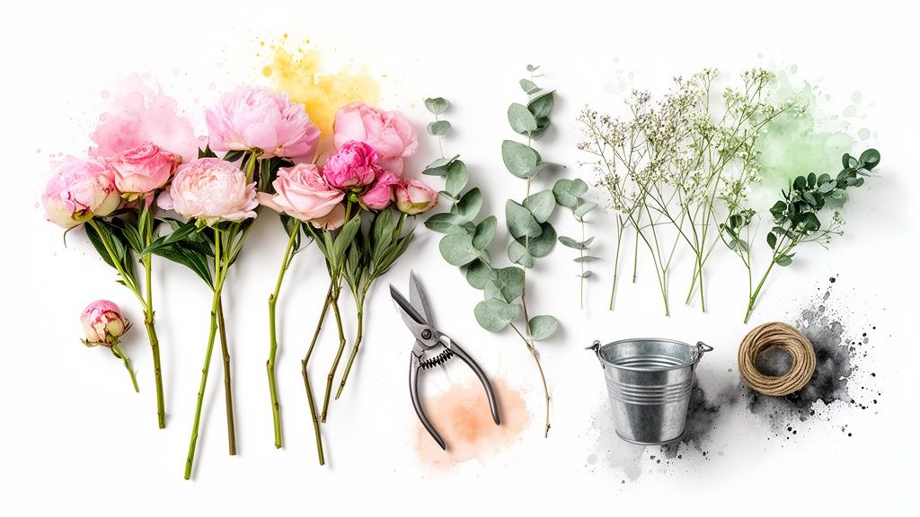 A beautiful flat lay of pink peonies, roses, eucalyptus, baby's breath, and floristry tools on white.