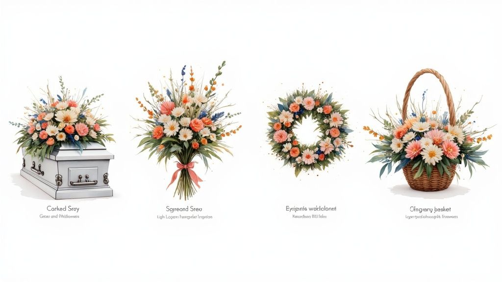 Four watercolor illustrations of funeral flower arrangements: a casket spray, a bouquet, a wreath, and a basket.
