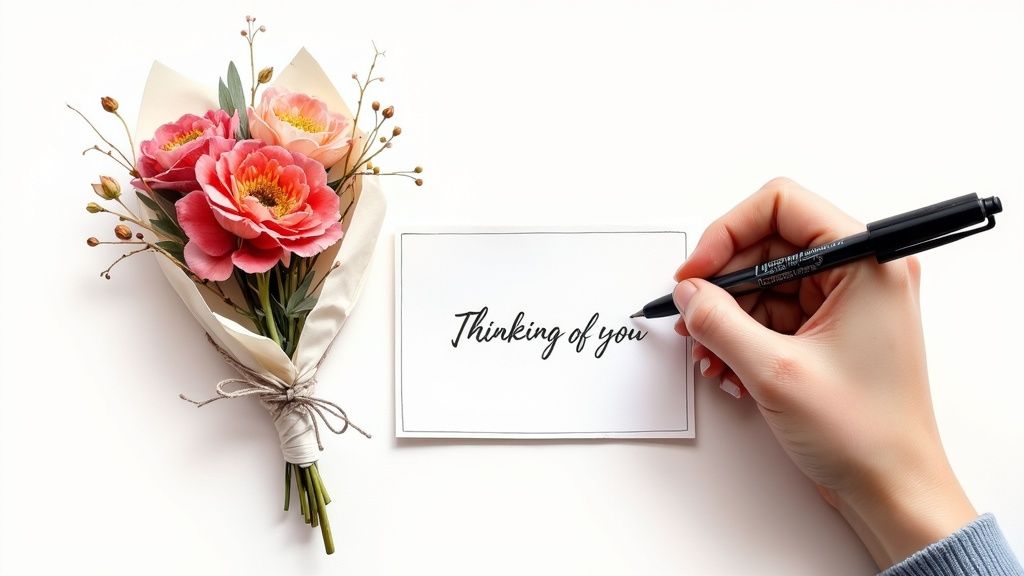 A hand writes 'Thinking of you' on a white card next to a bouquet of pink and coral flowers.