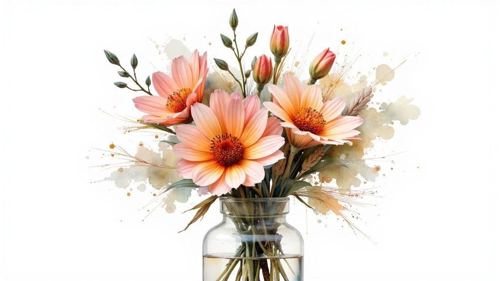 A close-up of a vibrant, high-quality floral arrangement showcasing different textures and colors.