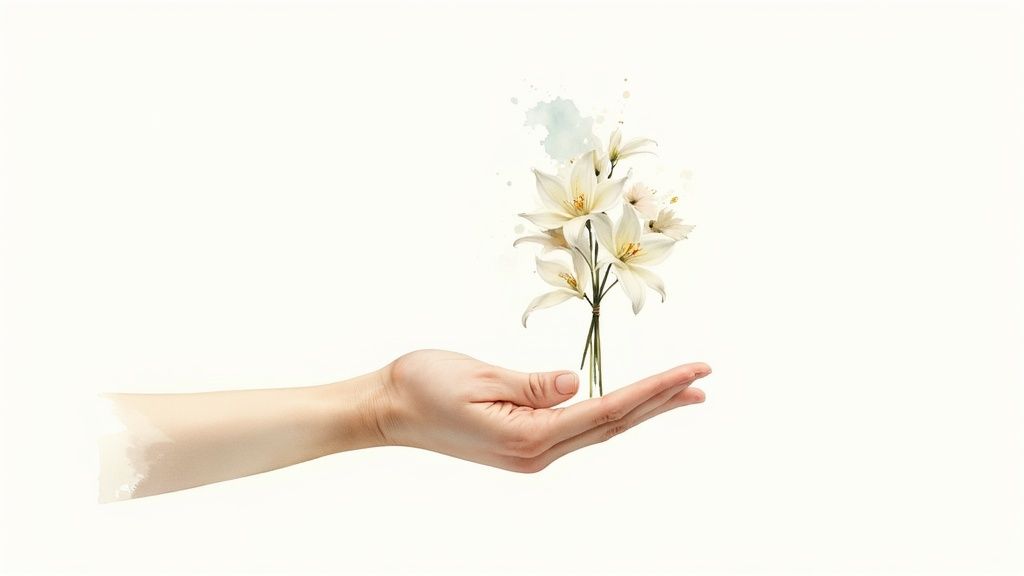 A hand gently holds a bouquet of white lilies with subtle watercolor splashes on a clean white background.