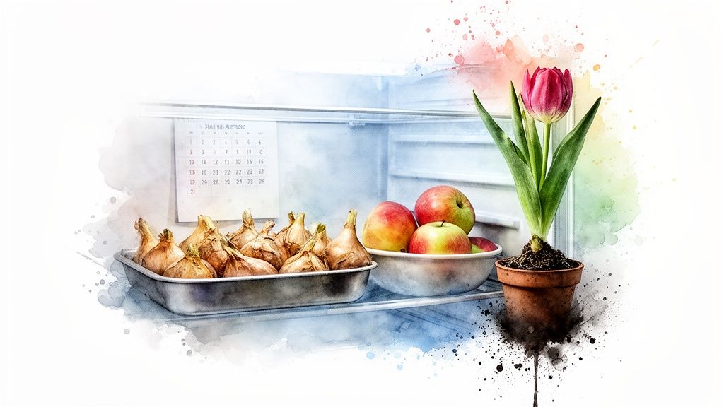Vibrant watercolor illustration of an open refrigerator with produce and a potted red tulip.