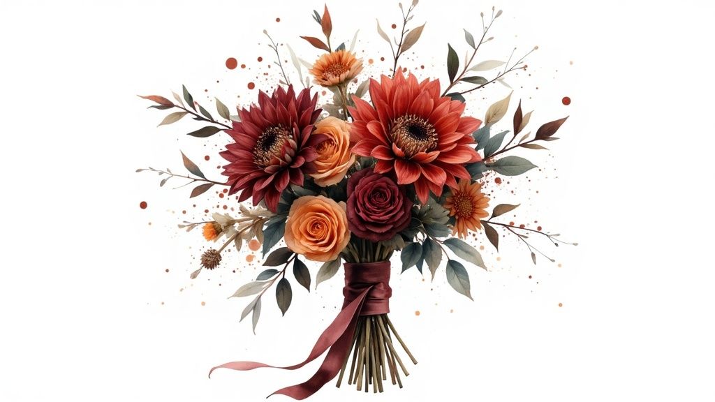 Burgundy and Burnt Orange Bridal Bouquet