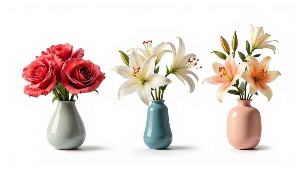 Three elegant bouquets of flowers in vases: red roses, white lilies, and peach lilies.
