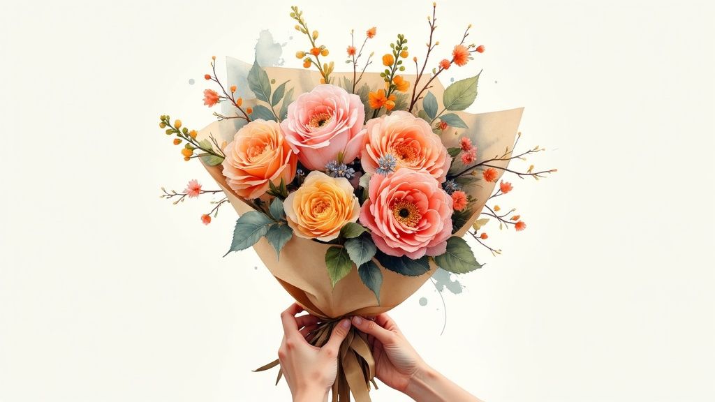 A colorful weekly flower subscription bouquet being arranged in a clear vase