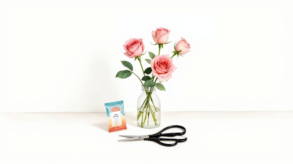 Fresh pink roses in glass vase with flower food packet and scissors on white surface