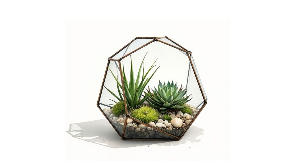 A clear geometric glass terrarium displaying various green succulents, small plants, and white pebbles on a white background.