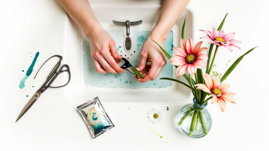 A person trimming the stems of fresh flowers over a sink before placing them in a vase.