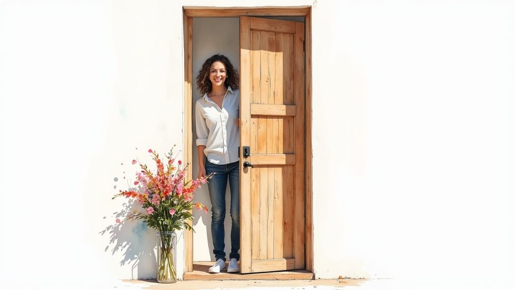A smiling woman stands in an open wooden doorway next to a vase of colorful flowers.