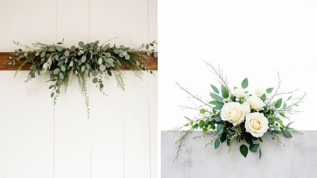 A bride and groom in a rustic barn venue decorated for a winter wedding, with hanging floral installations and greenery on the tables.
