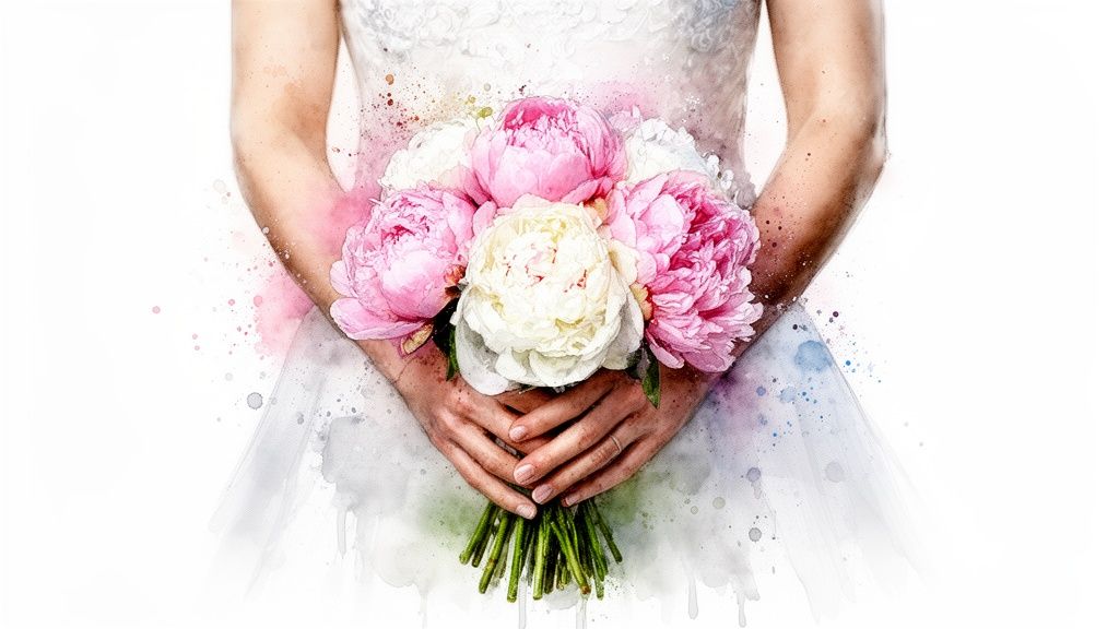 A beautiful watercolor painting of a bride holding a vibrant pink and white peony bouquet.