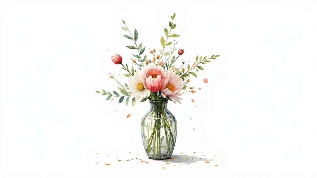 A close-up shot of hands arranging flowers in a vase using the grid method, with greenery forming the initial structure.