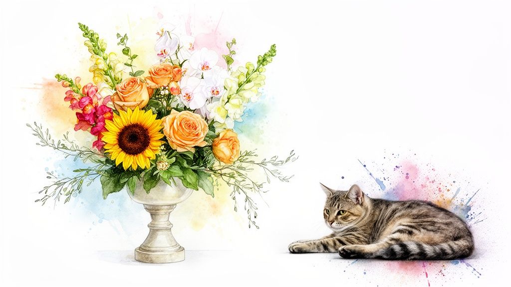 Vibrant watercolor bouquet with sunflowers and roses next to a tabby cat on a white background.