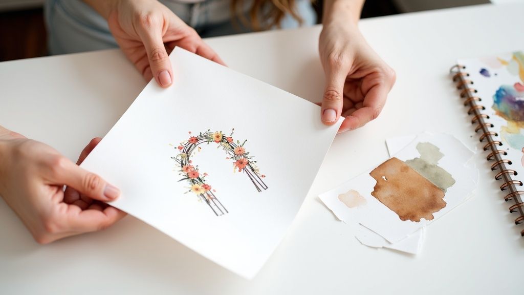 Hands hold a watercolor painting of a beautiful floral arch on white paper, with art supplies nearby.