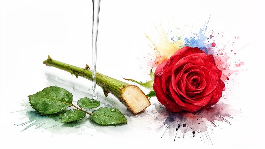 A vibrant red rose head, thorny stem, and green leaves with water, surrounded by watercolor splashes.