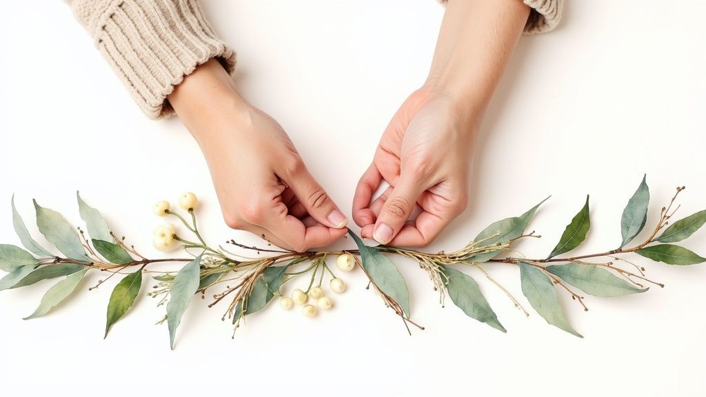Hands meticulously crafting a beautiful garland with natural green leaves and white berries.