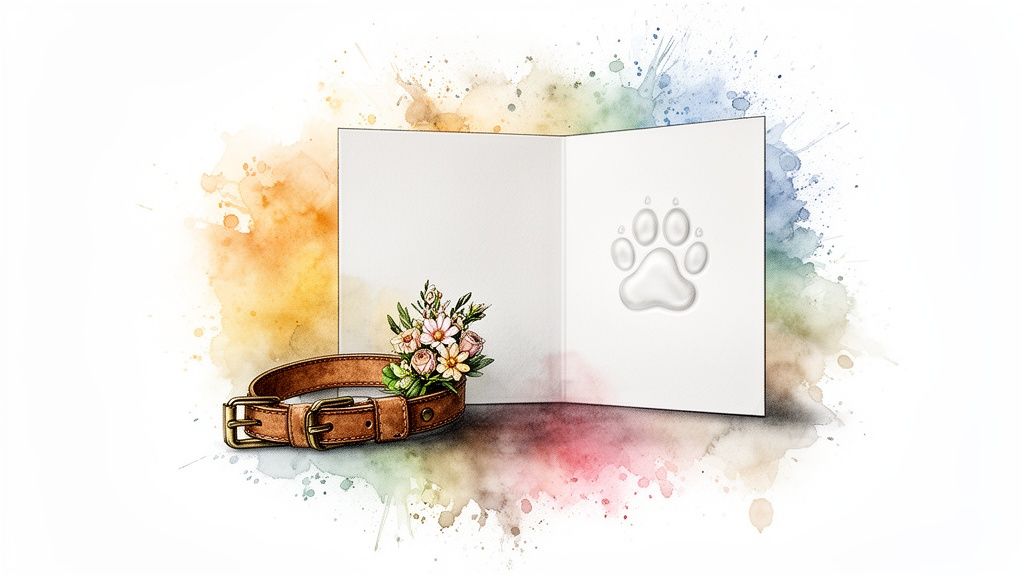 An open pet sympathy card featuring a paw print, next to a dog collar and flowers on a watercolor background.