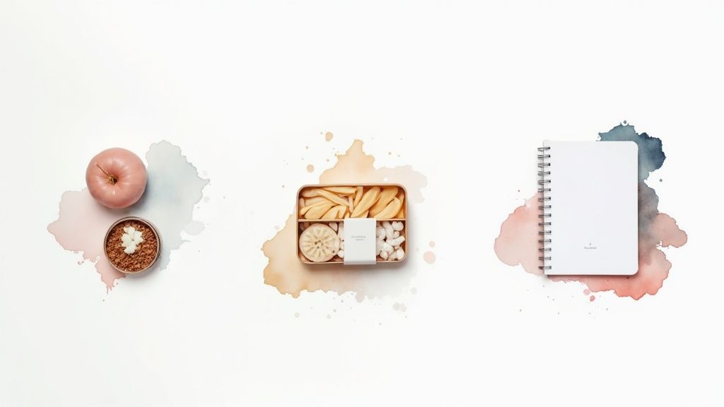 Several curated gift boxes with high-quality items and floral accents ready for clients