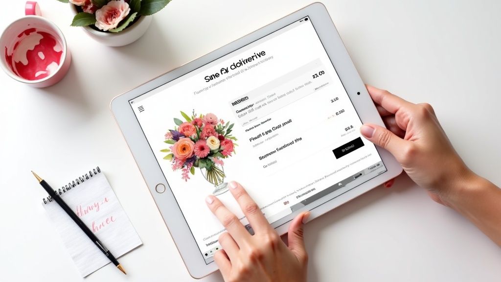 A person typing on a laptop, with a vibrant bouquet of flowers on the desk.