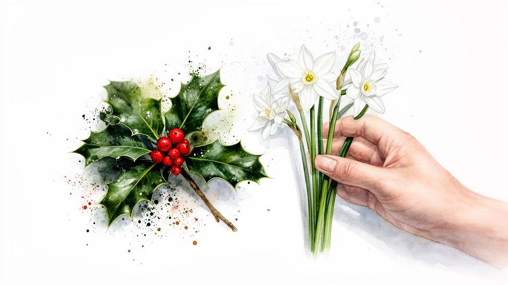 Watercolor illustration of festive green holly with red berries and a hand holding white paperwhite daffodils.
