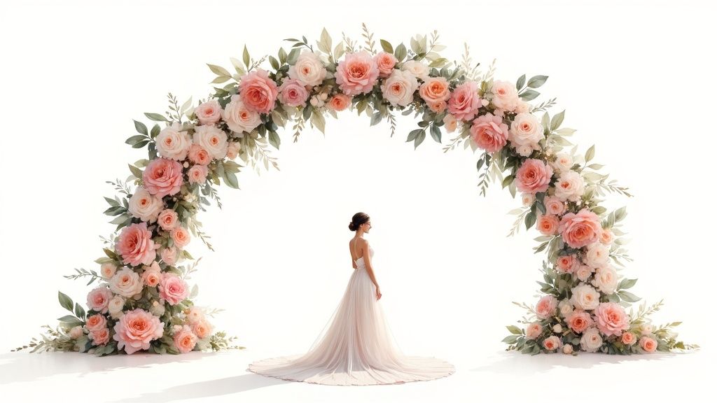 A bride in a flowing white gown stands before a beautiful arch of pink and white roses.