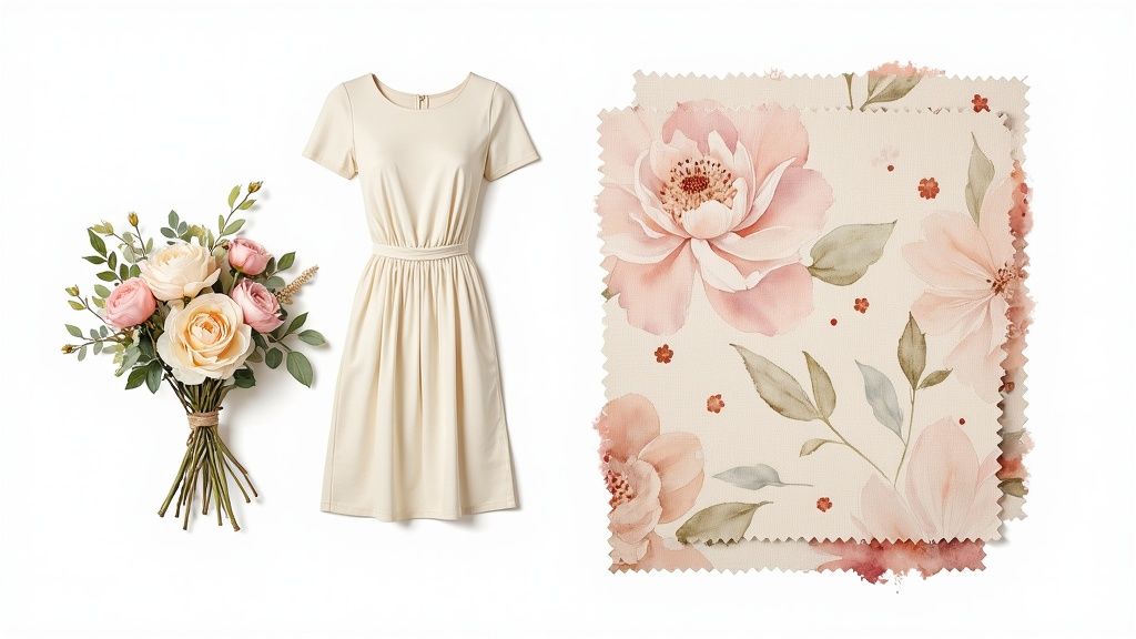 Elegant cream dress, a beautiful pink and cream rose bouquet, and floral patterned fabric swatches.