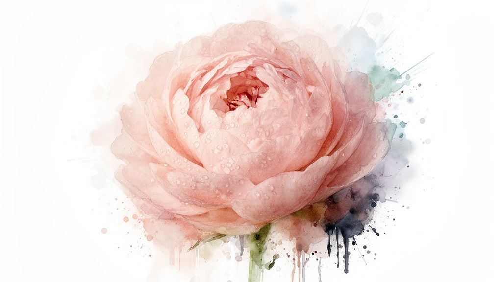 A beautiful watercolor painting of a delicate pink peony flower with water droplets and splashes.