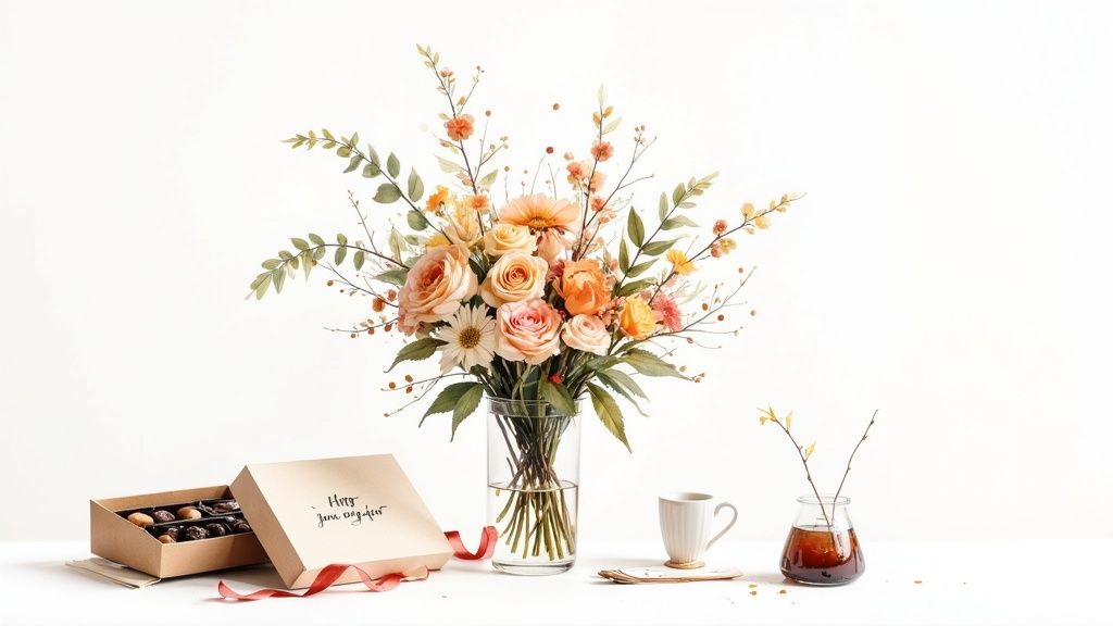 A beautiful spring/summer floral arrangement with peach and pink roses, daisies, chocolates, and a mug.