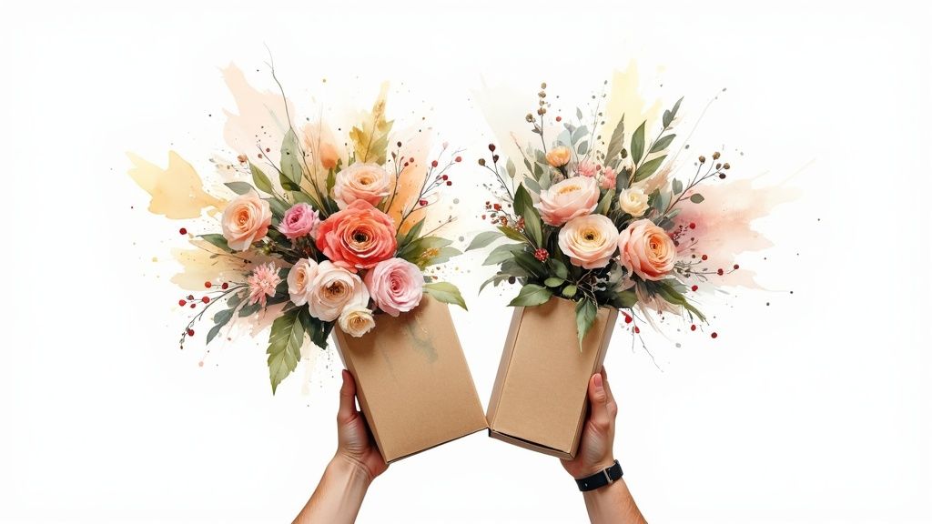 Two hands hold brown boxes filled with vibrant watercolor bouquets of pink and orange roses and greenery.